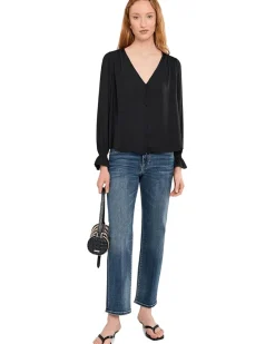 Liverpool Los Angeles Petite Long Sleeve Button Front Woven Top with Smocking Women's