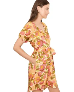 Liverpool Los Angeles Short Sleeve Shirred Button Front Woven Dress with Pockets Women's