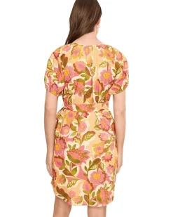 Liverpool Los Angeles Short Sleeve Shirred Button Front Woven Dress with Pockets Women's