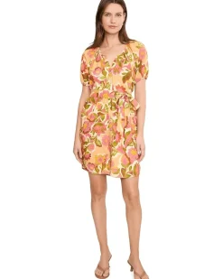 Liverpool Los Angeles Short Sleeve Shirred Button Front Woven Dress with Pockets Women's