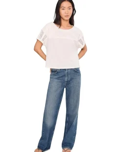 Liverpool Los Angeles Short Sleeve Dolman Boat Neck Knit Top With Lace Women's