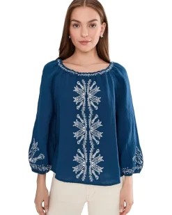 Liverpool Los Angeles 3/4 Sleeve Woven Top with Embroidery Women's