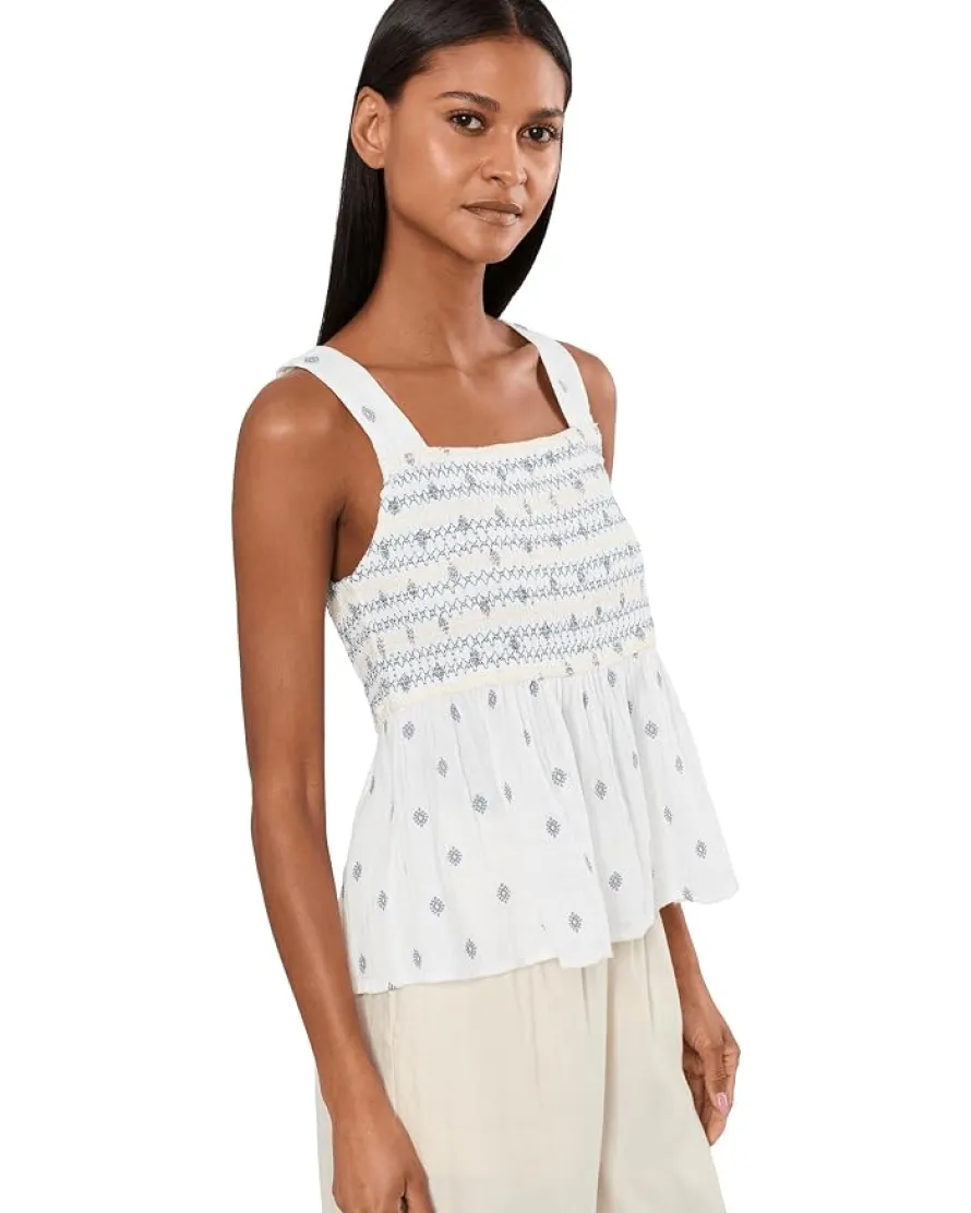Liverpool Los Angeles Sleeveless Smocked Woven Top with Embroidery Women's