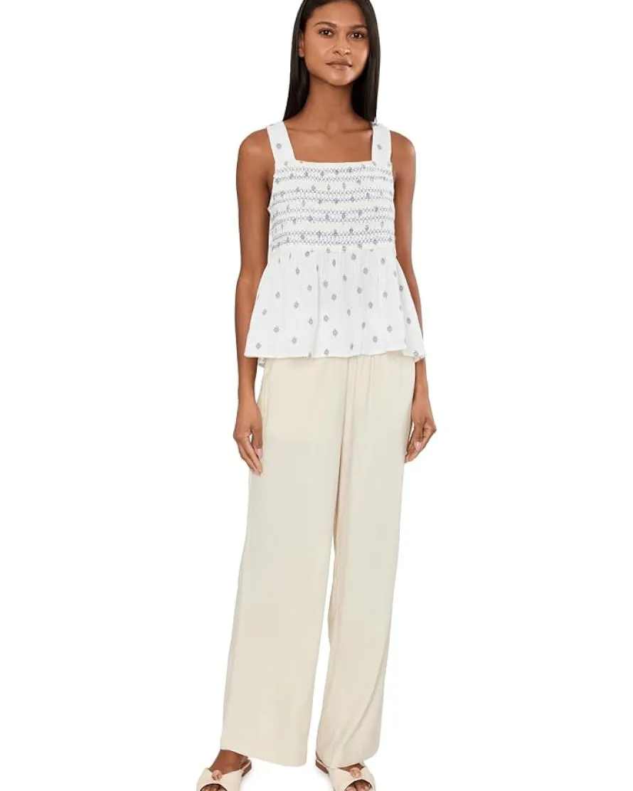 Liverpool Los Angeles Sleeveless Smocked Woven Top with Embroidery Women's
