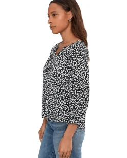 Liverpool Los Angeles 3/4 Sleeve Button Front Woven Top With Ruffle Details Women's