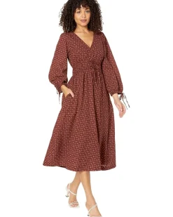 Madewell Arianne - Print Long Sleeve Tie Midi Dress - Cotton Seersucker Women's