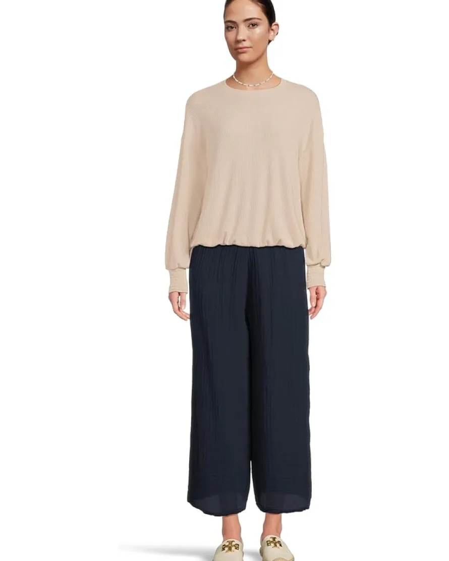 Michael Stars Tia Ribbed Crew Neck Sweatshirt w/ Smocked Cuffs Women's