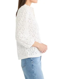 NIC+ZOE Petite Knit Eyelet Ruffle Neck Top Women's