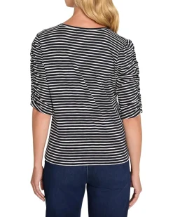 NIC+ZOE Striped Ruched Elbow Sleeve Tee Women's