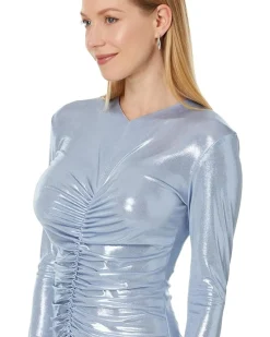 Norma Kamali Long Sleeve V-Neck Shirred Front Dress To Knee Women's