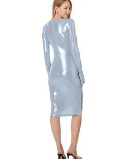 Norma Kamali Long Sleeve V-Neck Shirred Front Dress To Knee Women's
