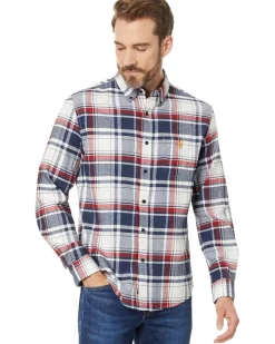 U.S. POLO ASSN. Long Sleeve Classic Fit 1 Pocket Yarn Dye Stretch Peached Twill Heathered RWB Plaid Woven Shirt Men's