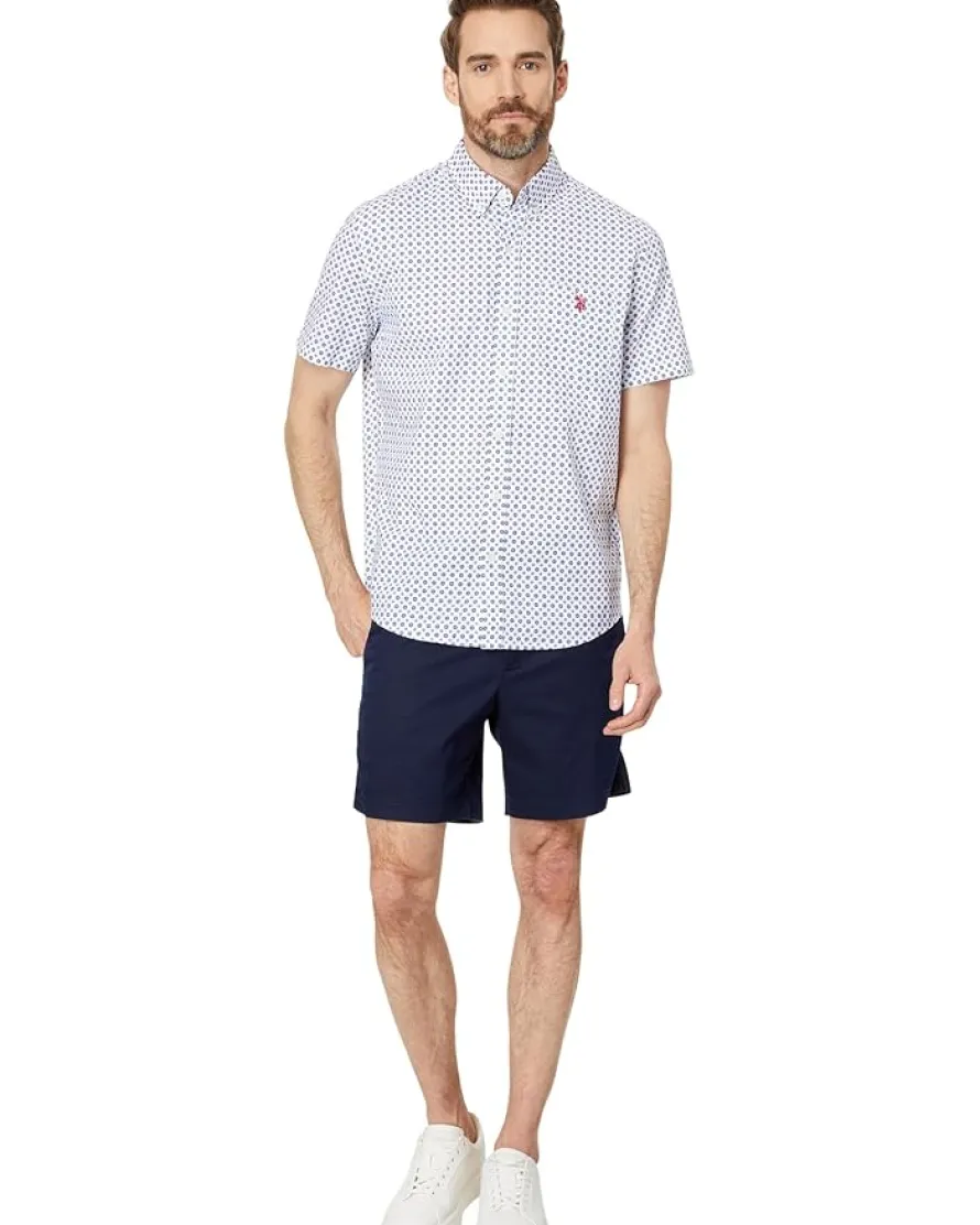 U.S. POLO ASSN. Short Sleeve Classic Fit 1 Pocket Discharged Print Cotton Stretch Slub Poplin Woven Shirt Men's