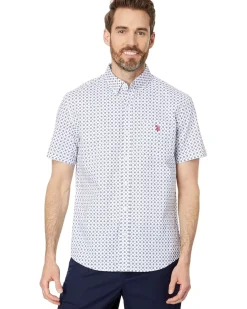 U.S. POLO ASSN. Short Sleeve Classic Fit 1 Pocket Discharged Print Cotton Stretch Slub Poplin Woven Shirt Men's