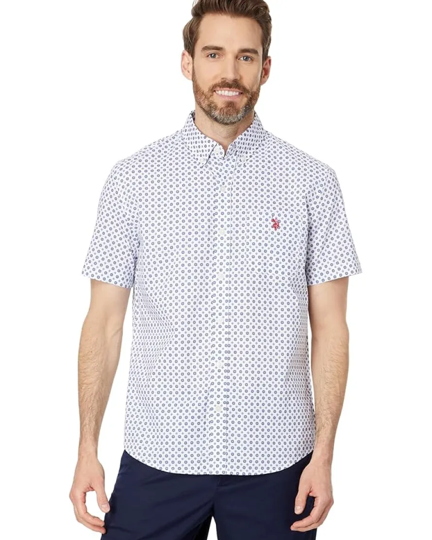U.S. POLO ASSN. Short Sleeve Classic Fit 1 Pocket Discharged Print Cotton Stretch Slub Poplin Woven Shirt Men's