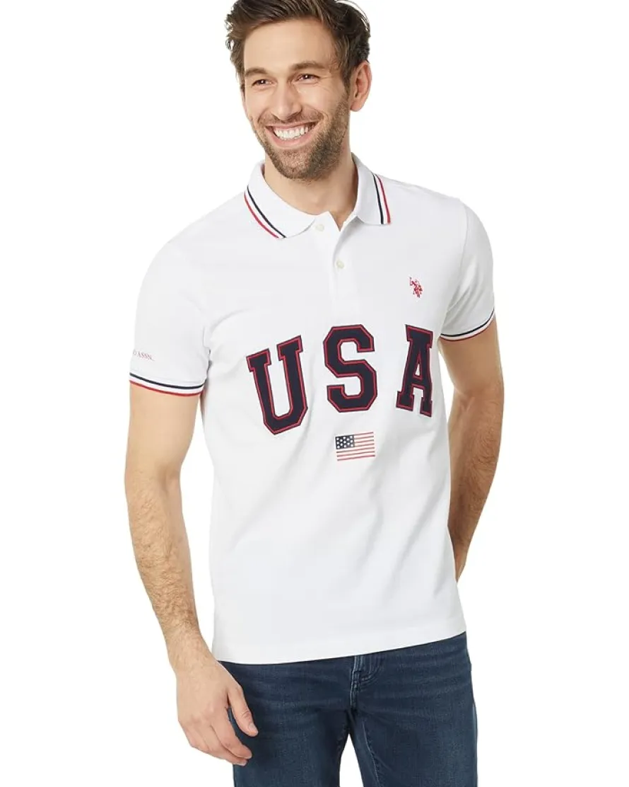 U.S. POLO ASSN. Slim Fit USA Applique Flag Print Knit Polo Shirt Men's