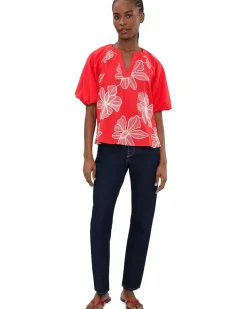 Vince Camuto Contrast Split Neck Band Bubble Sleeve Women's
