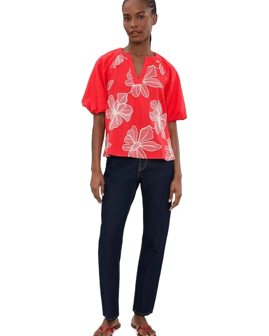 Vince Camuto Contrast Split Neck Band Bubble Sleeve Women's