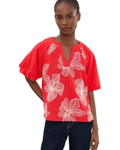 Vince Camuto Contrast Split Neck Band Bubble Sleeve Women's