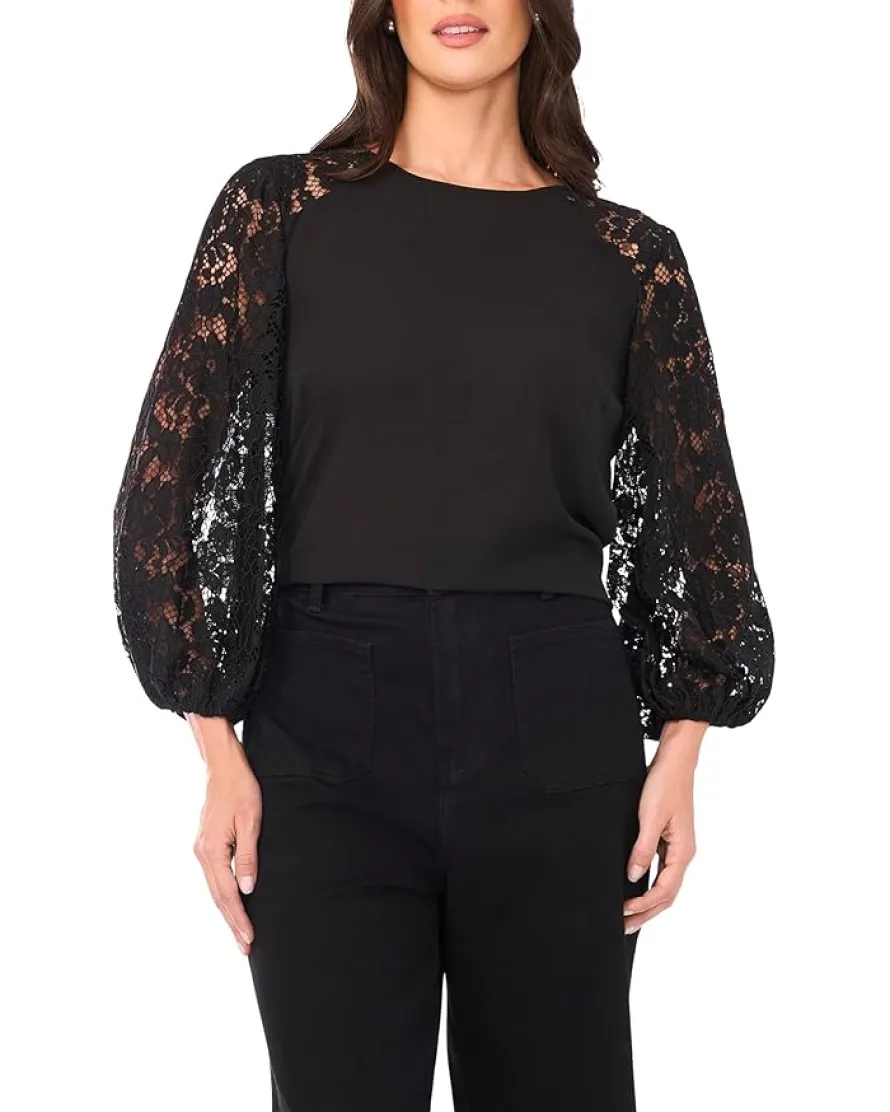 Vince Camuto Crew Neck Lace Sleeves Long Sleeve Women's