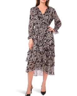Vince Camuto Long Sleeved V-Neck Maxi with Tiered Skirt Women's