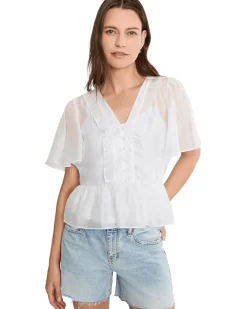 Vince Camuto V-neck Double Ruffle Buttondown Top W/ Peplum And Flutter Sleeve Women's