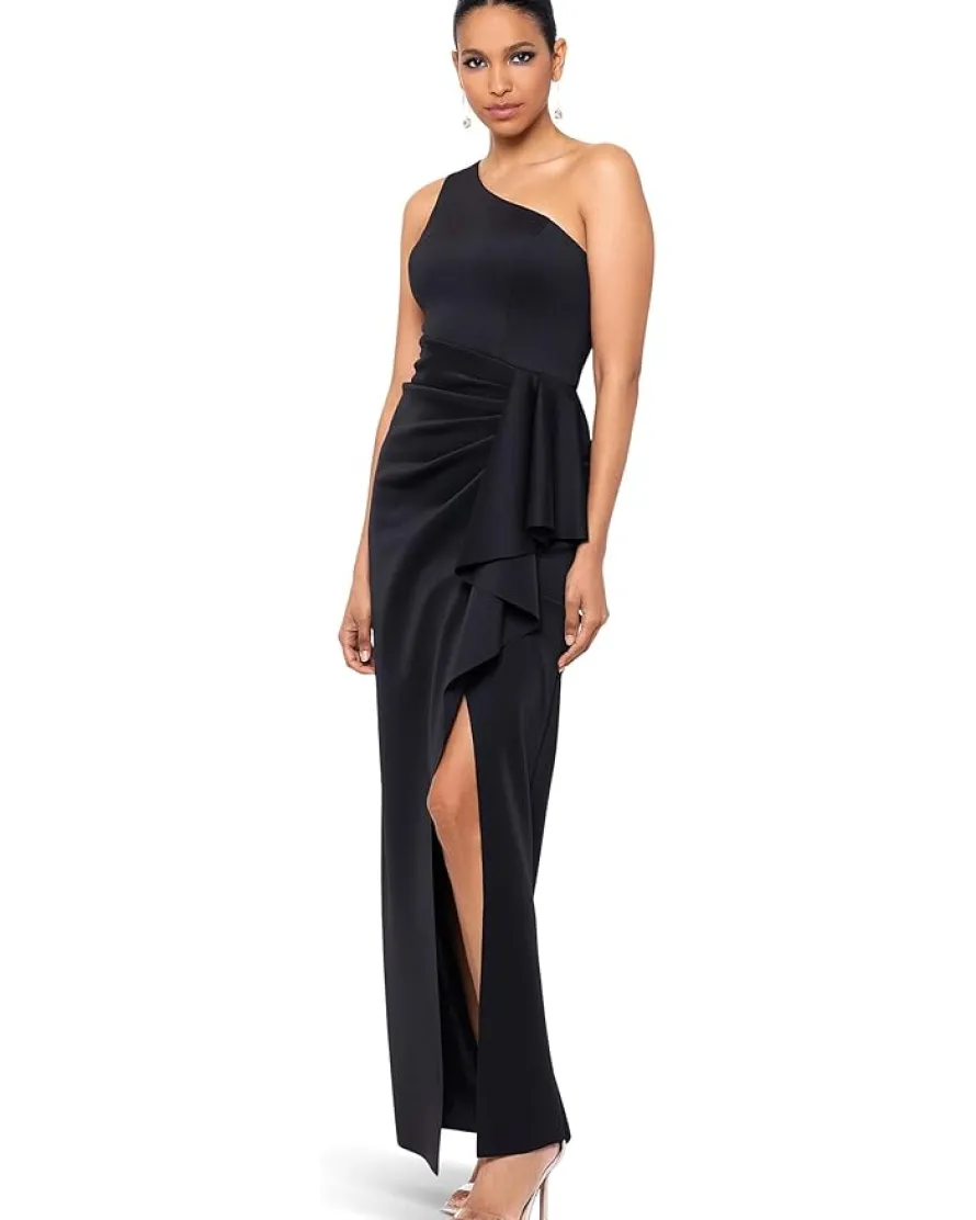 XSCAPE Long Scuba One Shoulder Ruffle Women's