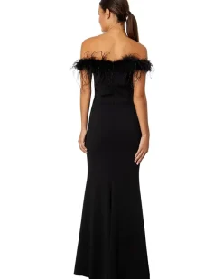 XSCAPE Off-the-Shoulder Long Scuba Crepe Feathers Women's